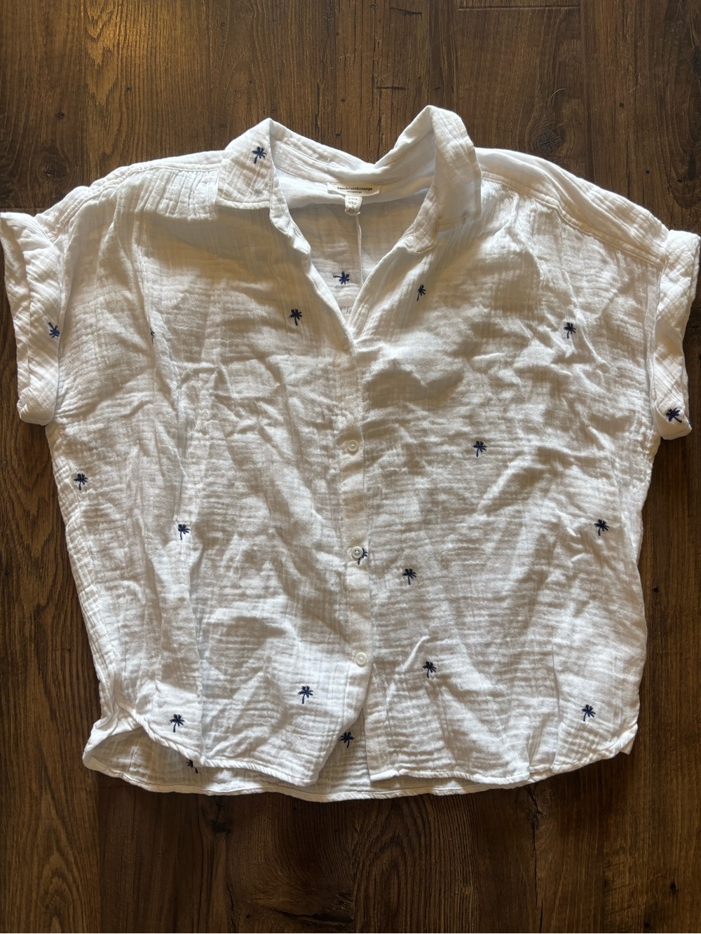 beachlunchlounge White Gauze Shirt with Navy Palm Embroidery